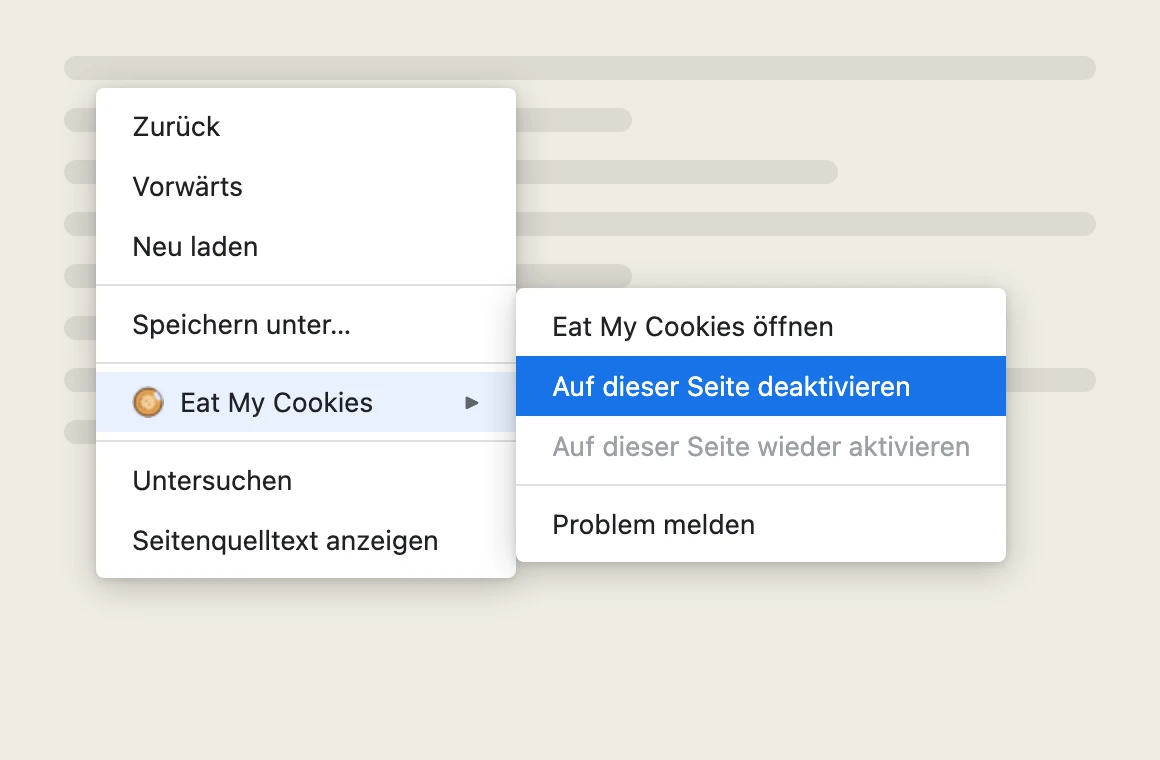 Chrome-Rechtsklick-Kontextmenü mit geöffnetem Eat My Cookies-Untermenü und hervorgehobener Option „Auf dieser Website deaktivieren“