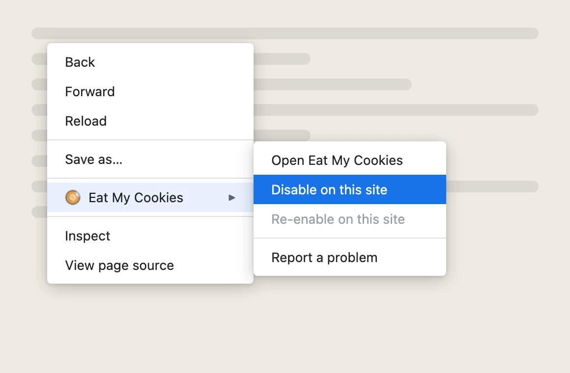 Chrome right-click context menu with Eat My Cookies submenu expanded, highlighting Disable on this site