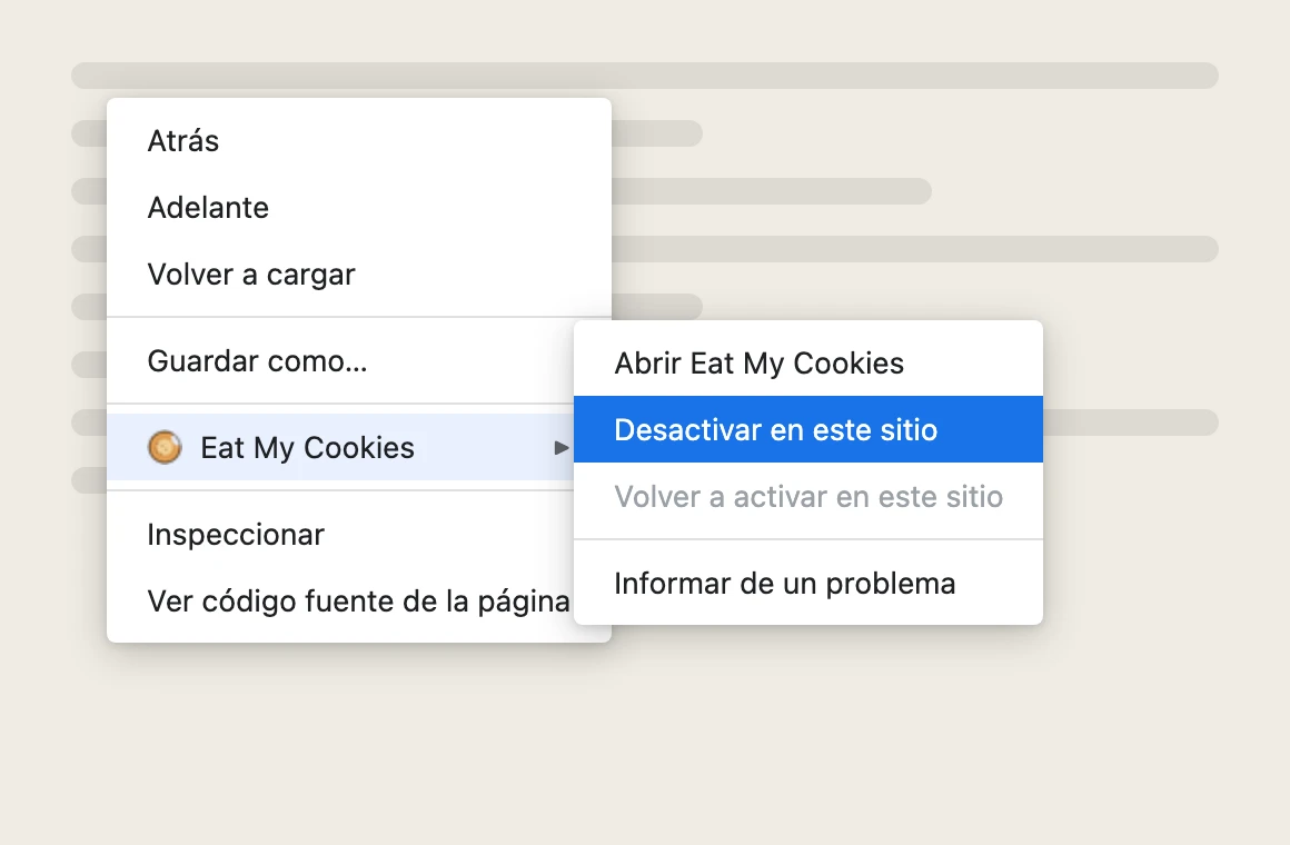 Menú contextual de Chrome con el submenú de Eat My Cookies desplegado, resaltando «Deshabilitar en este sitio»