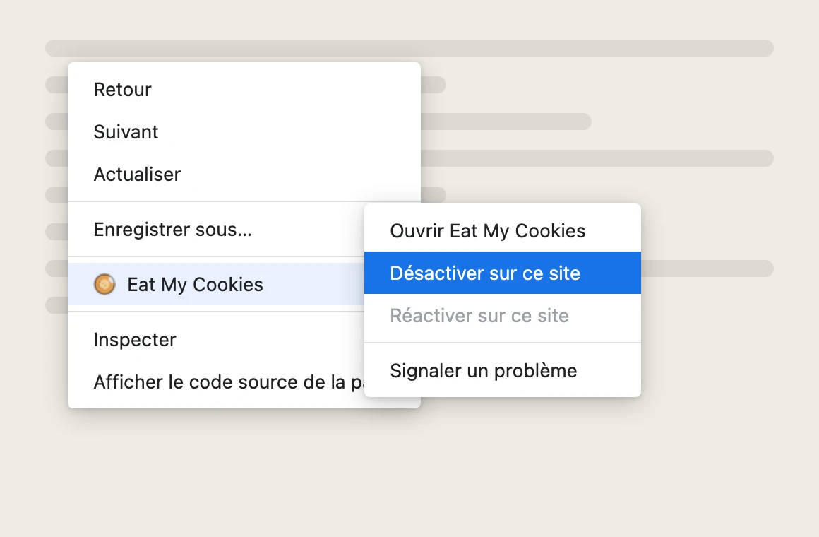 Menu contextuel Chrome avec le sous-menu Eat My Cookies ouvert, mettant en évidence « Désactiver sur ce site »