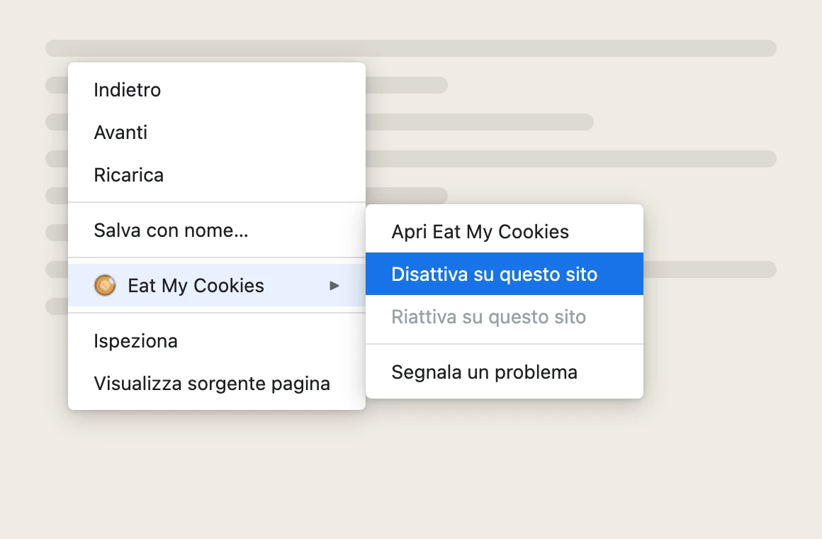 Menu contestuale di Chrome con il sottomenù di Eat My Cookies aperto, che evidenzia «Disabilita su questo sito»