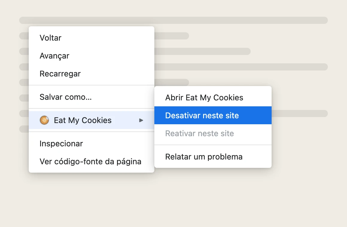 Menu de contexto do Chrome com o submenu do Eat My Cookies expandido, destacando «Desativar neste site»