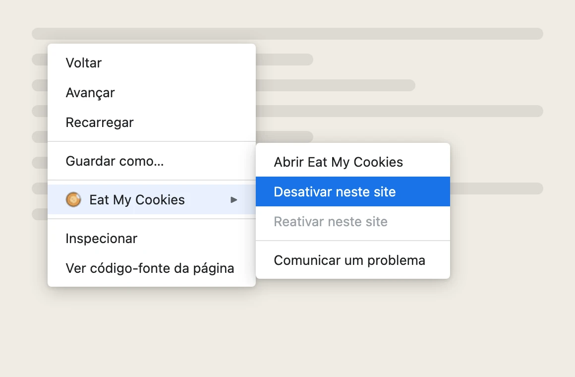 Menu de contexto do Chrome com o submenu do Eat My Cookies expandido, destacando «Desativar neste site»