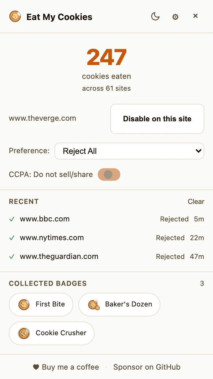 Extension popup showing the Disable on this site button next to the current domain