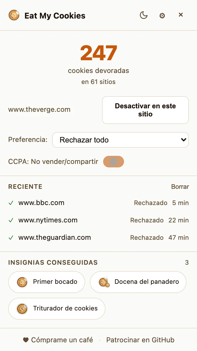 Popup de la extensión mostrando el botón «Deshabilitar en este sitio» junto al dominio actual