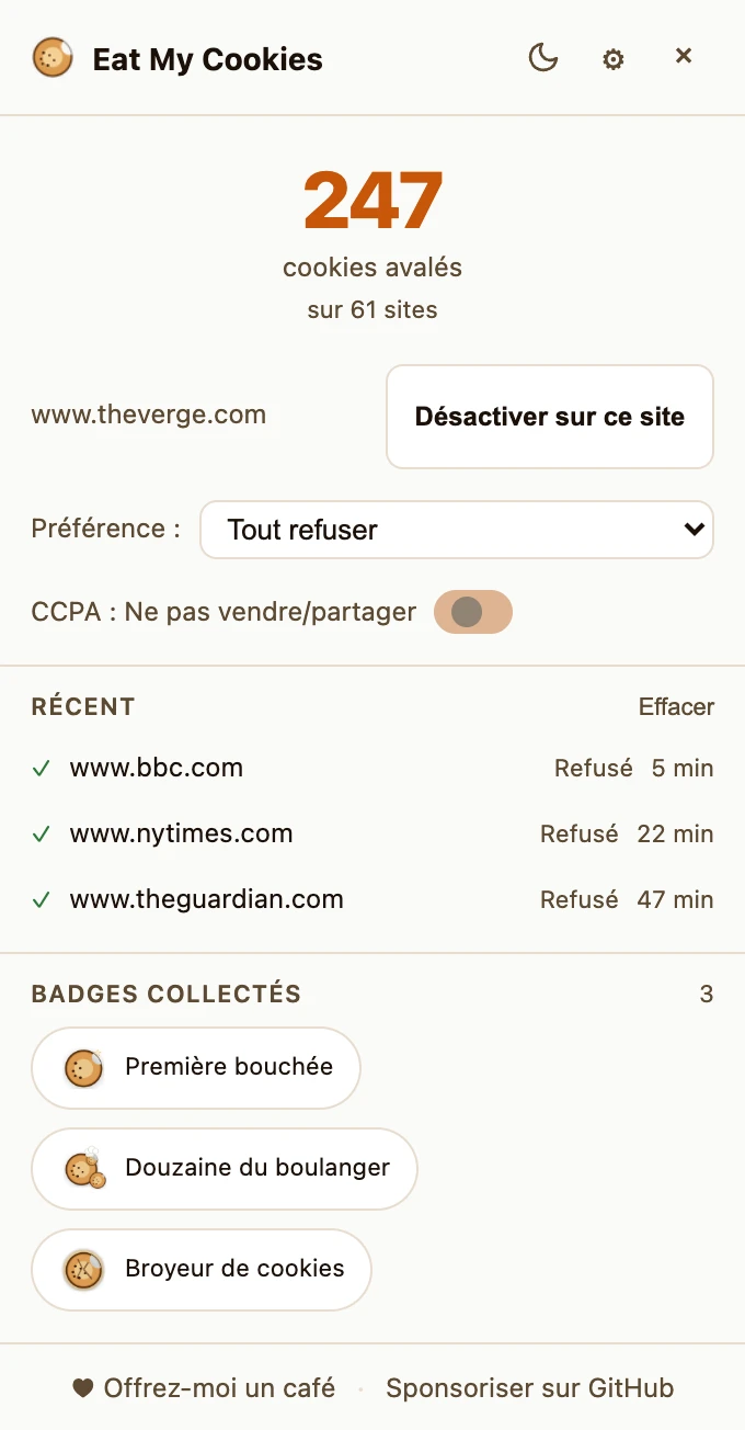 Popup de l'extension affichant le bouton « Désactiver sur ce site » à côté du domaine actuel