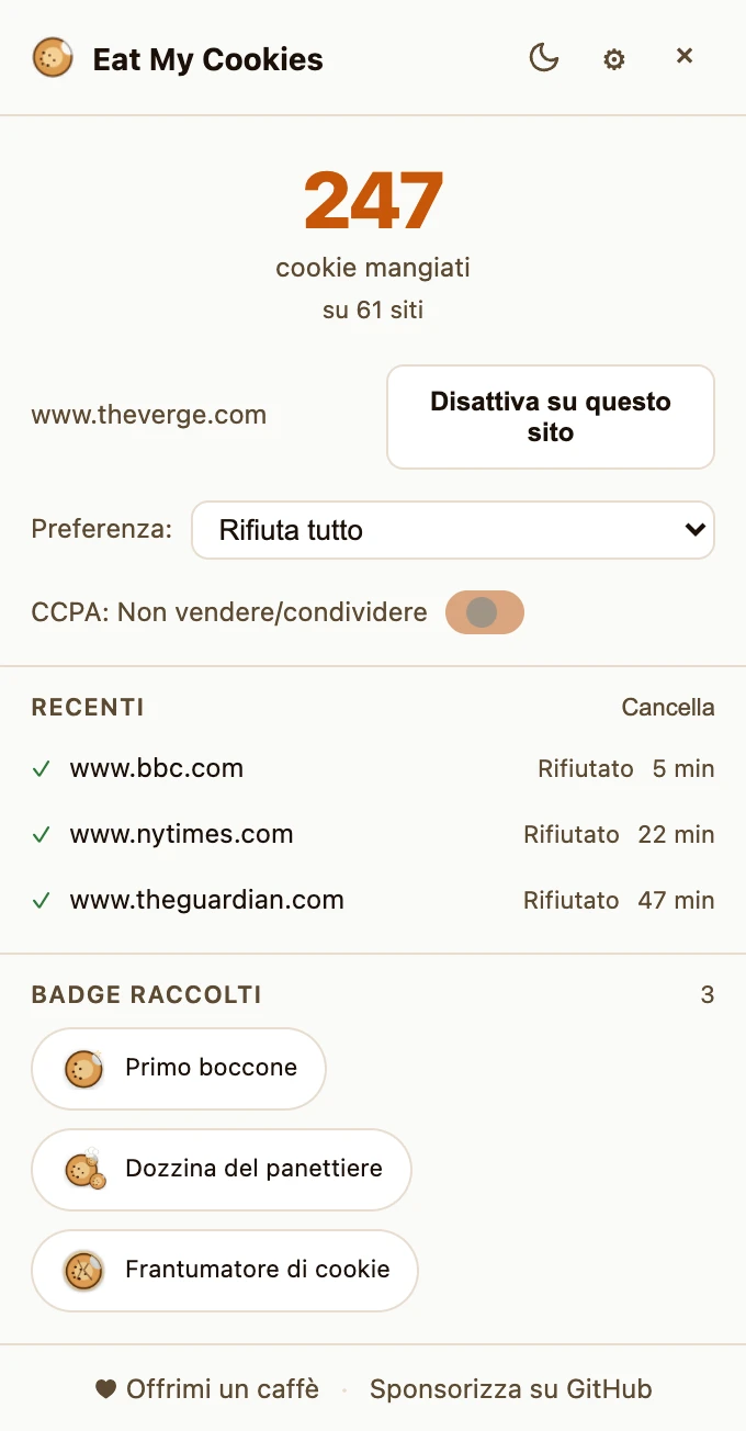Popup dell'estensione con il pulsante «Disabilita su questo sito» accanto al dominio corrente