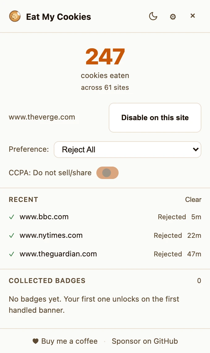 Popup de l'extension affichant le bouton « Désactiver sur ce site » à côté du domaine actuel